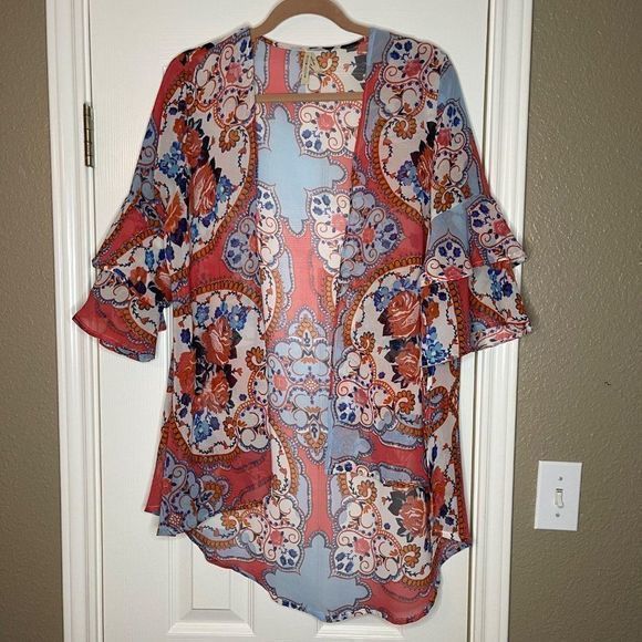 Moon Orchid Women's Boho Bell Sleeve Sheer Floral‎ Print Oversized Kimono Sz Sm - Picture 2 of 13